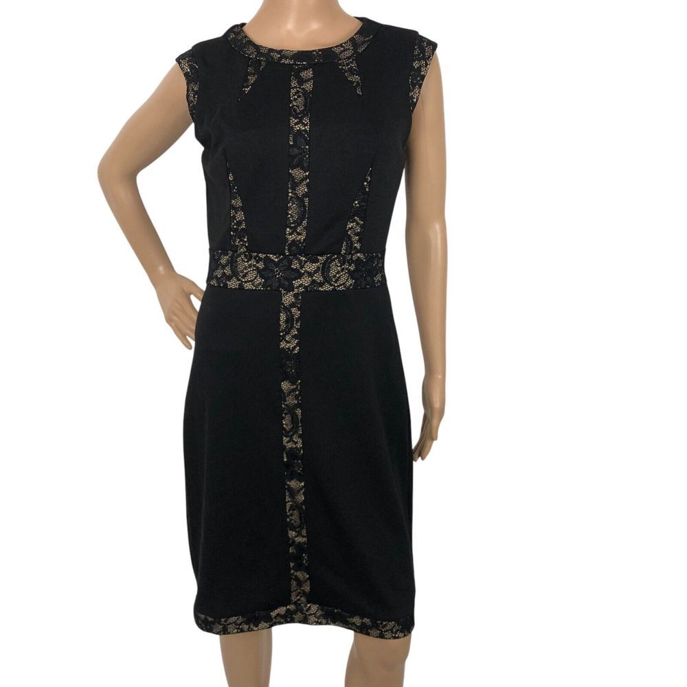 ALLEN B Black Floral Lace Panel Formal Sheath Dress Size S Mini Sleeveless Party